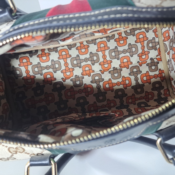 Luxury Beige Canvas Satchel with Green and Red Web Stripe. - Picture 6 of 9